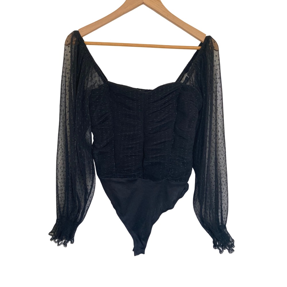 Blashe Black Ruched Mesh Bodysuit Swiss Dot Sheer Long Sleeve BT02320 Large